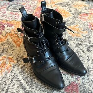 All saints black leather boots point toe laced heels witchy goth size 39/US 9